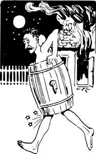 Man Fleeing in Barrel from Ghost - Classic Horror Illustration