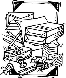 Black-and-white illustration of cluttered office supplies including paper clips, envelopes, pens, and stacked documents.