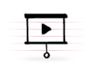 Black icon of a projector screen with a play button, symbolizing video presentation or online lecture.