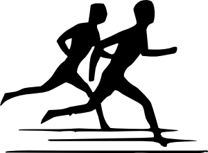 Silhouette of two runners competing in a sprint race, captured mid-stride with dynamic motion lines.