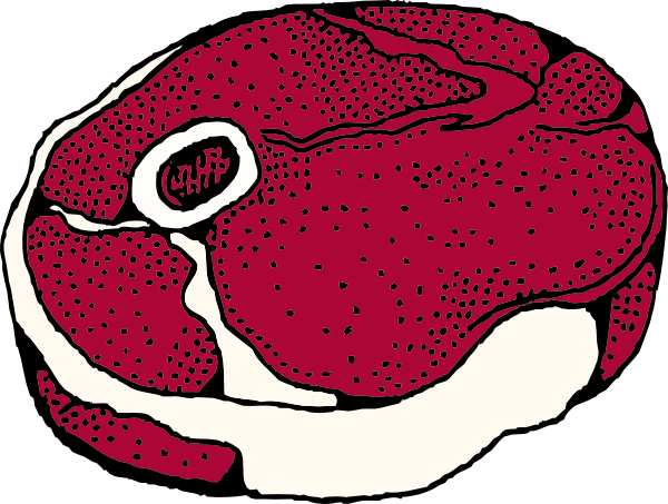 Illustrated cross-section of a raw beef steak with bone, marbling, and fat layer.