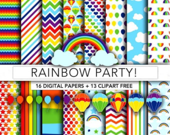 Rainbow-themed digital papers and clipart bundle with 16 patterns and 13 free clipart items for party designs.