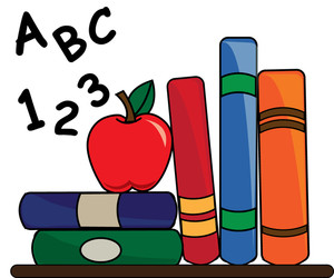 Colorful children's books stacked with a red apple and ABC/123 text, symbolizing early education and literacy.