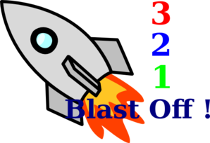 Cartoon rocket launching with fiery exhaust, countdown numbers 3-2-1, and "Blast Off!" text on black background.