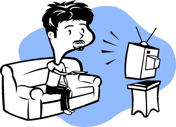 Man sitting on couch watching vintage TV with remote, surprised expression.