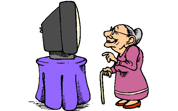 Elderly woman with cane looking skeptically at an old CRT television on a purple stool.