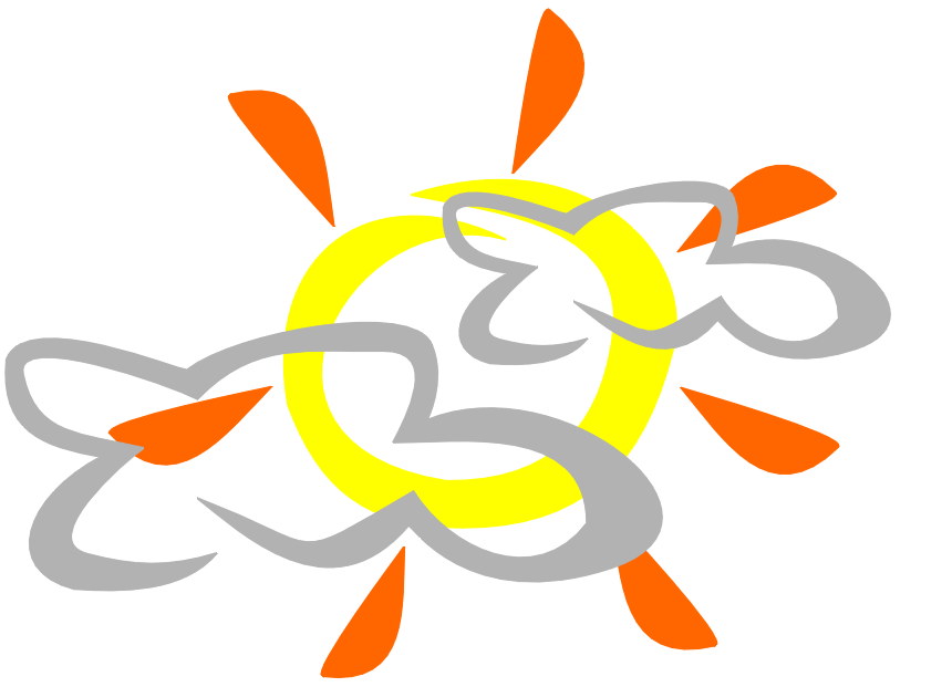 Abstract sun logo with yellow center, orange rays, and flowing gray swirls symbolizing energy and motion.