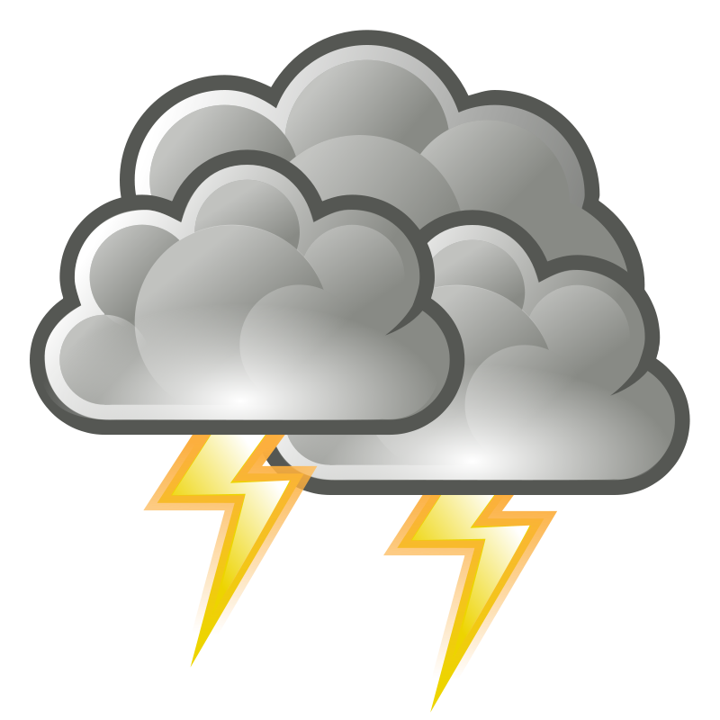 Dark storm cloud with two bright yellow lightning bolts striking downward.