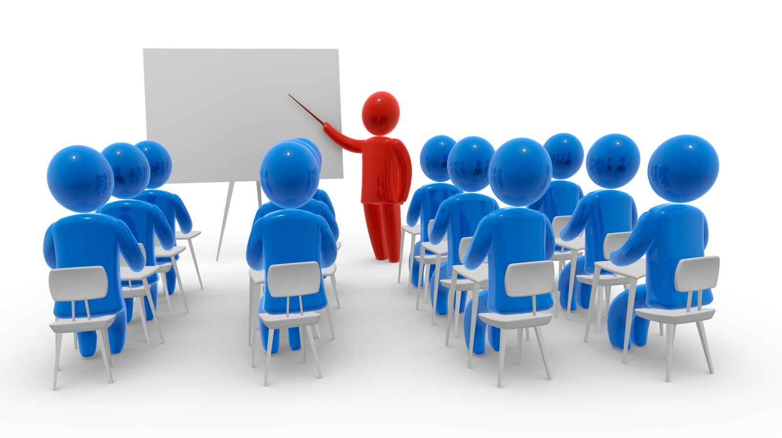 Red instructor figure pointing at whiteboard while teaching a class of blue student figures seated in rows.