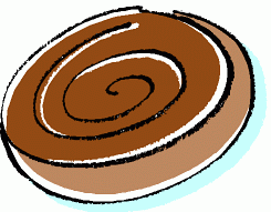 Illustrated cinnamon roll with spiral swirl and white icing drizzle on a light blue background.
