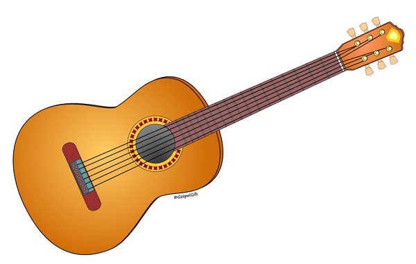 Illustrated classical acoustic guitar with six strings, soundhole rosette, and wooden body.
