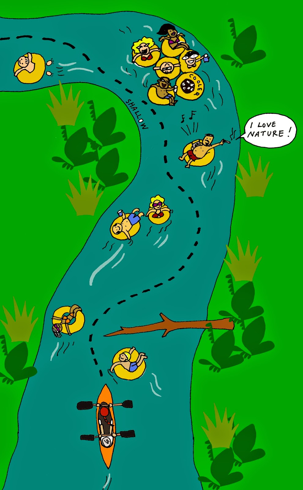 Cartoon illustration of people tubing and kayaking down a winding river surrounded by lush greenery, one person exclaiming "I love nature!"