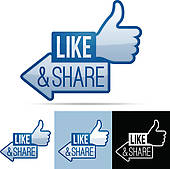 Blue thumbs-up icon with "LIKE & SHARE" text inside an arrow, plus three color variants (white, light blue, black backgrounds).