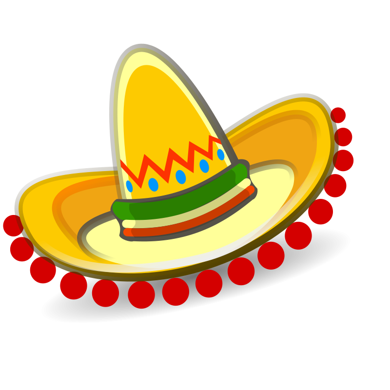 Bright yellow sombrero with red pom-poms, green band, and blue decorative zigzag pattern.