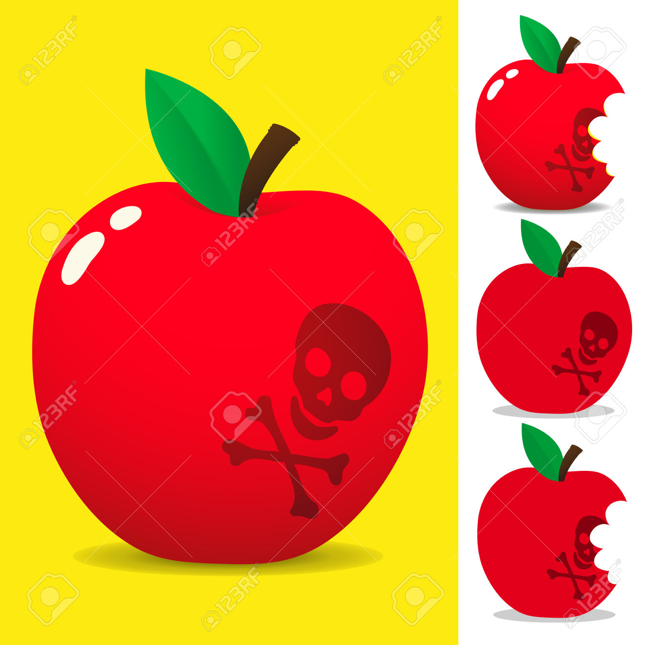 Red apple with skull and crossbones symbol, indicating poison or danger, on yellow background.