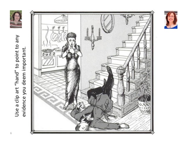 A woman in a dress stands shocked beside a man lying on the floor at the base of stairs, suggesting a fall or accident scene.