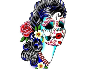 Vibrant sugar skull tattoo art with floral accents and swirling black-and-blue hair, celebrating Día de los Muertos.