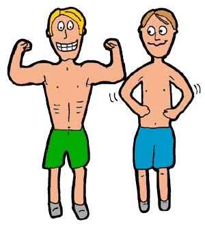 Two cartoon men comparing fitness levels-one muscular and flexing, the other lean with hands on hips.