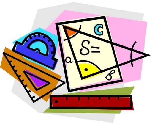 Colorful geometry tools including protractor, ruler, set squares, and a diagram with angles and formula S= on paper.