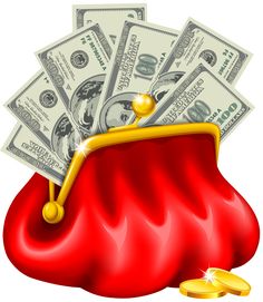 A red satin purse overflowing with US $100 bills and gold coins, symbolizing wealth and financial abundance.