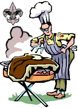Scout leader in chef hat grilling meat on a barbecue with Boy Scouts logo overhead.