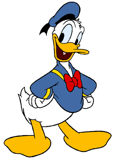 Donald Duck in classic blue sailor suit, red bowtie, and blue cap, smiling with hands on hips.
