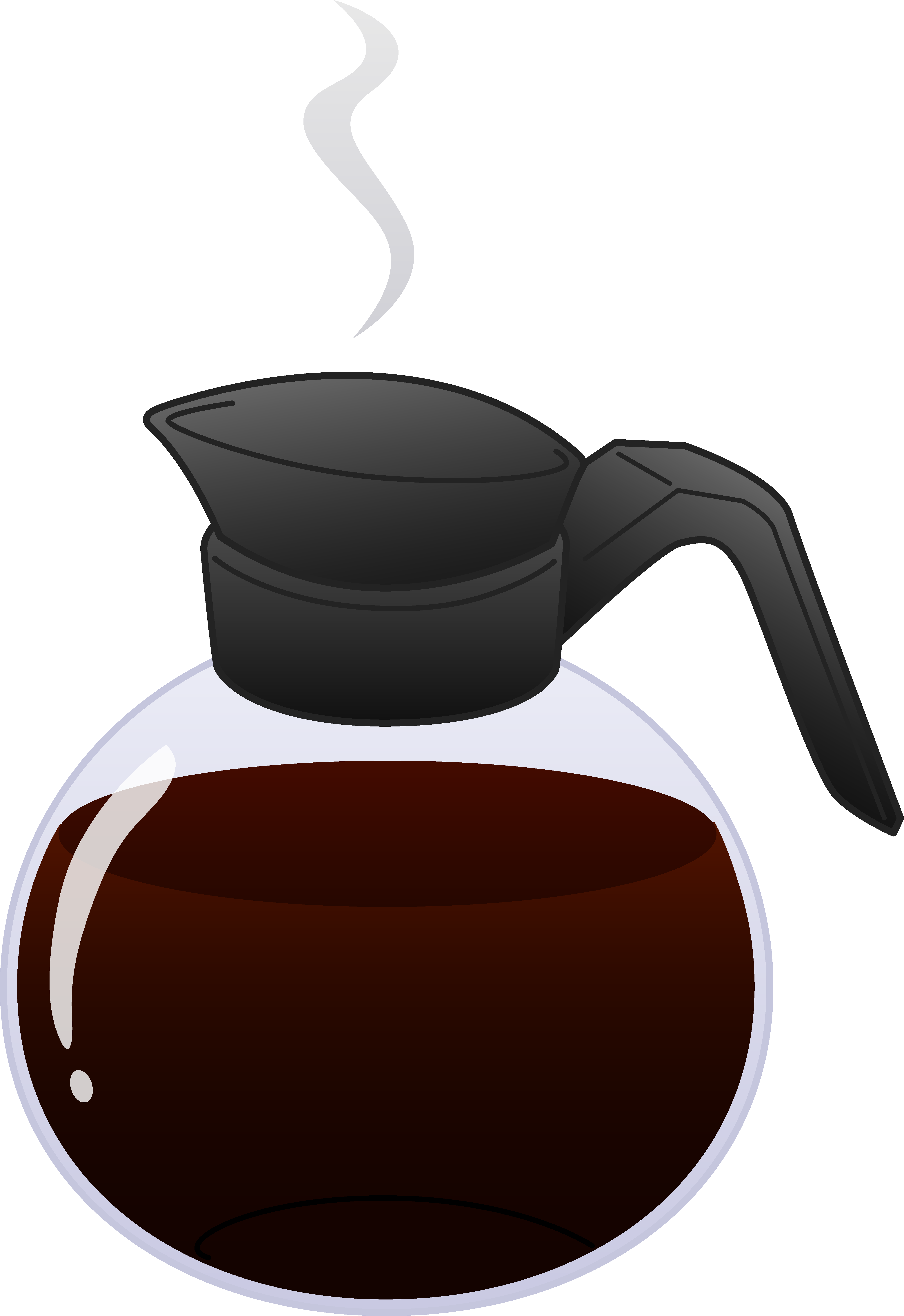 Steaming glass coffee carafe with black lid and handle, filled with dark brewed coffee.