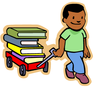 A smiling child in a green shirt pulls a red wagon loaded with colorful books.
