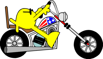A cheerful yellow cartoon character rides a chopper-style motorcycle with an American flag gas tank.