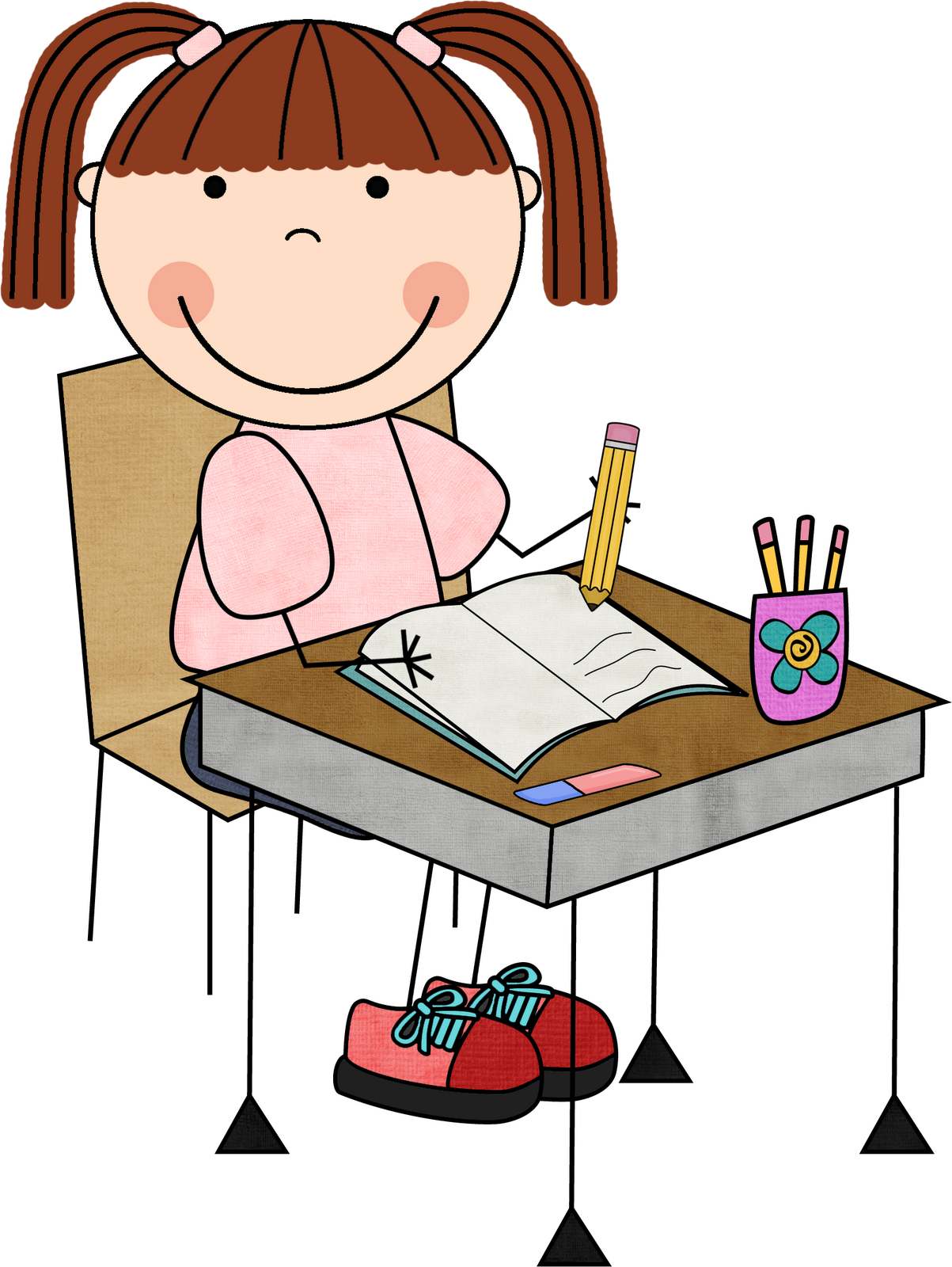 Smiling girl with pigtails writing in a notebook at a desk with pencils and eraser.