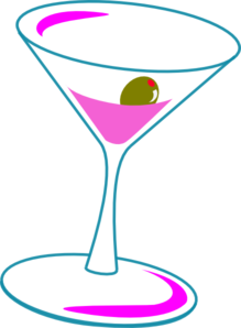 A stylized martini glass with pink liquid, a green olive garnish, and vibrant teal and magenta accents.