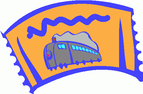 Vintage-style illustrated train ticket with a steam locomotive on an orange background and blue border.