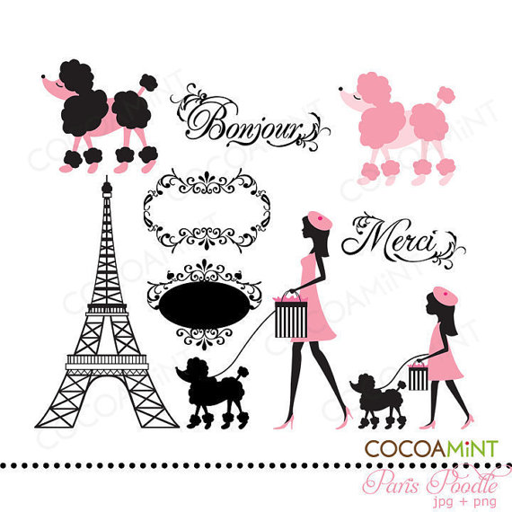 Parisian-themed illustration with Eiffel Tower, poodles, stylish women, and French phrases "Bonjour" and "Merci"
