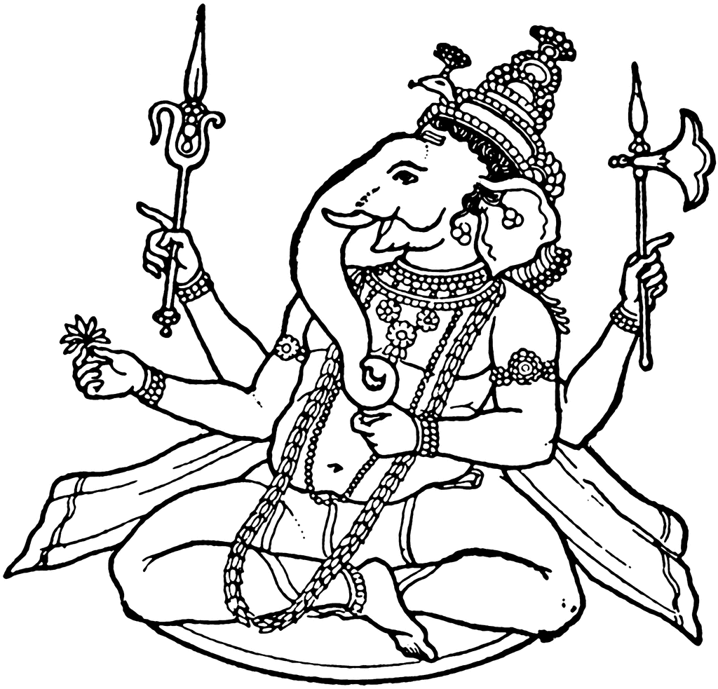 Line drawing of Lord Ganesha seated in meditation, holding a trident, axe, flower, and modak, adorned with jewelry and crown.