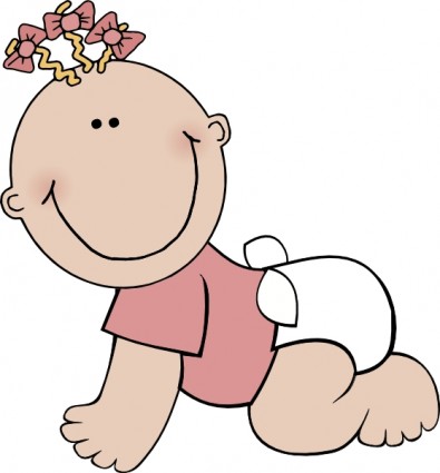 Smiling cartoon baby girl crawling, wearing pink shirt, white diaper, and pink bow headband.