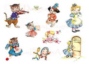Vintage illustration of anthropomorphic cats and girls in whimsical storybook scenes, including violin playing, reading, and peeking through a door.