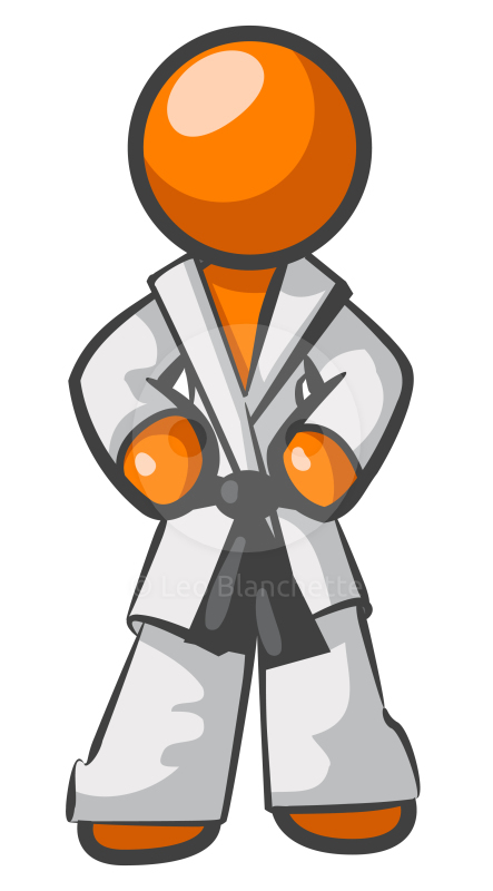 Orange-headed cartoon martial artist in white gi with black belt, arms crossed confidently.