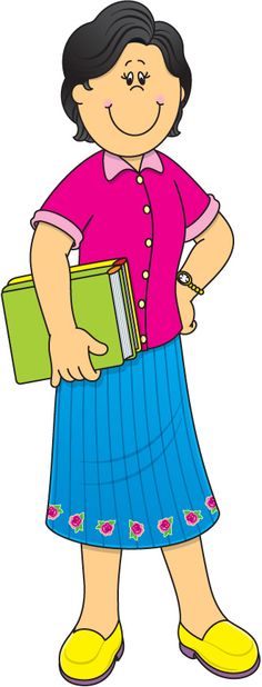 Smiling female teacher in pink blouse and blue skirt holding green books, standing confidently.