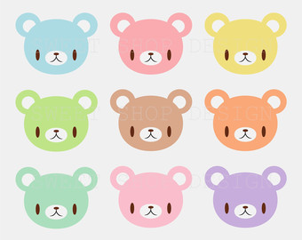 Nine pastel-colored kawaii bear face icons arranged in a 3x3 grid on a light background.