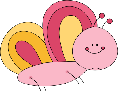 Cheerful pink cartoon butterfly with layered yellow and red wings, smiling face, and playful antennae dots.