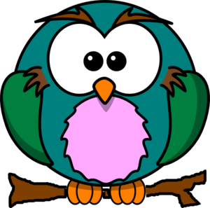 Cute cartoon owl with teal feathers, big white eyes, orange beak, and pink chest perched on a branch.