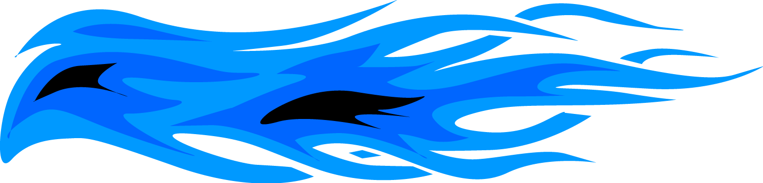 Stylized blue flame graphic with black accents, dynamic flowing design on white background