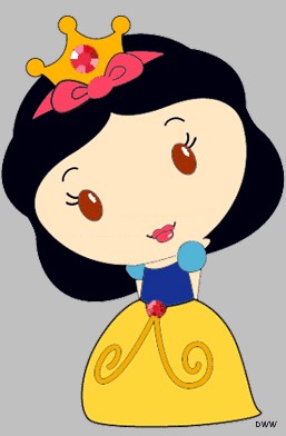 Chibi-style Snow White with yellow gown, blue bodice, and golden crown with red gem.