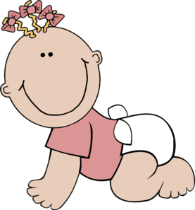 Smiling cartoon baby girl crawling, wearing pink shirt, white diaper, and floral headband.