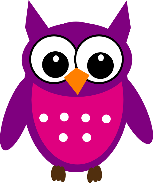 Purple cartoon owl with big eyes, orange beak, pink spotted belly, and brown feet on white background.