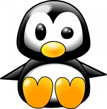 Cute cartoon penguin with black and white plumage, yellow beak and feet, sitting upright with a friendly expression.