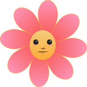 Smiling pink flower with a cheerful yellow face and expressive eyes, cartoon-style illustration.