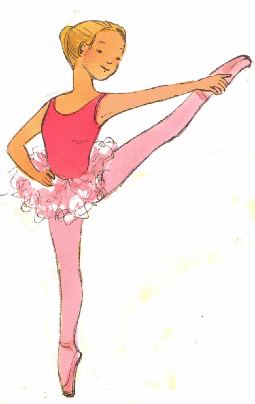 Young ballerina in pink leotard and tutu performing a high leg extension en pointe with a joyful expression.