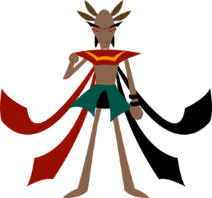 Stylized animated character with antlers, red cape, and tribal-inspired outfit standing confidently.