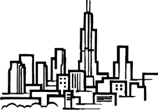 Black-and-white line drawing of a city skyline featuring a prominent skyscraper and surrounding buildings.